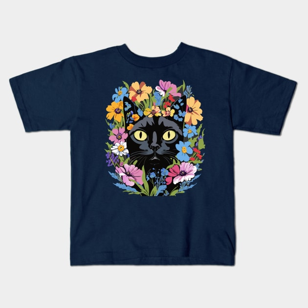 Black Cat in Flowers Kids T-Shirt by DestructoKitty